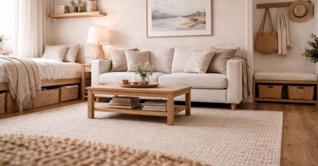Small apartment room showcasing how to decorate this room with hidden storage and warm decor.