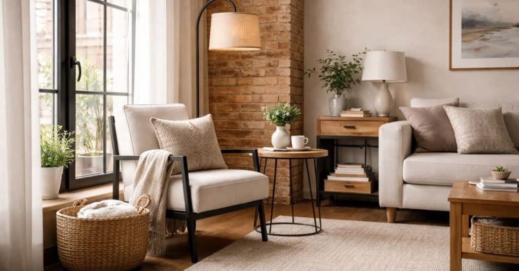 Cozy minimalist corner showcasing how to decorate this room with a chair, lamp, and soft decor.