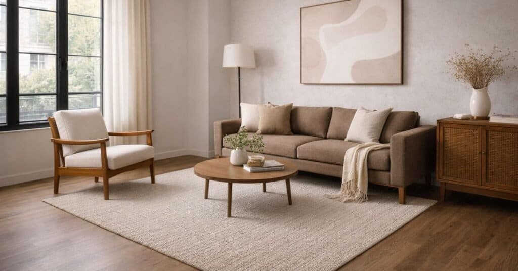 Small minimalist apartment living room featuring a slim sofa and compact coffee table.