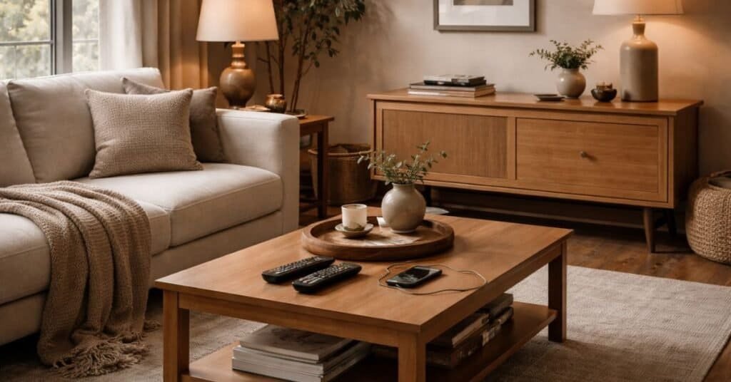 Warm neutral living room showcasing how to decorate this room while minimizing clutter.