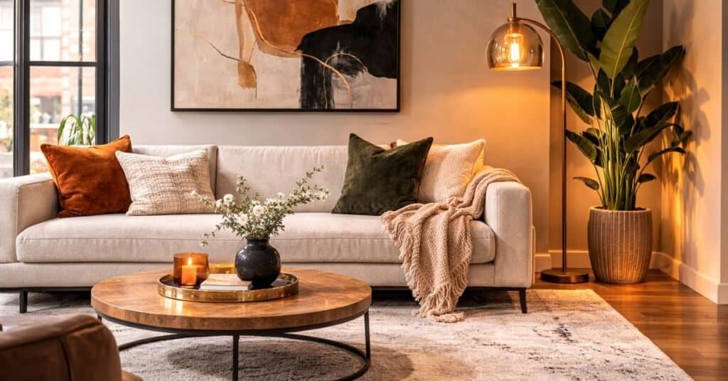 polished small living room corner decor ideas with a tall plant and warm lighting
