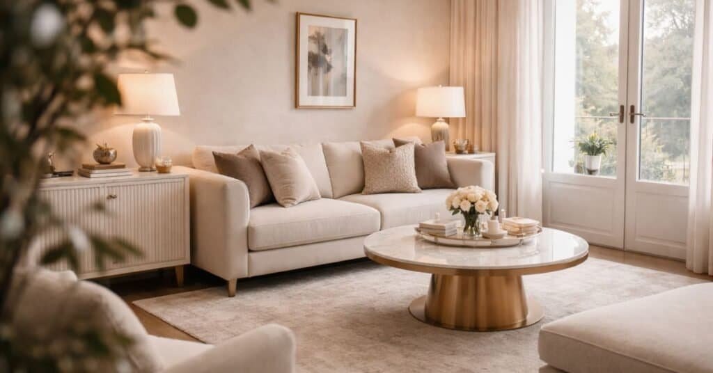 A warm minimalist room showcasing how to decorate this room with wood tones, woven baskets, and soft lighting.