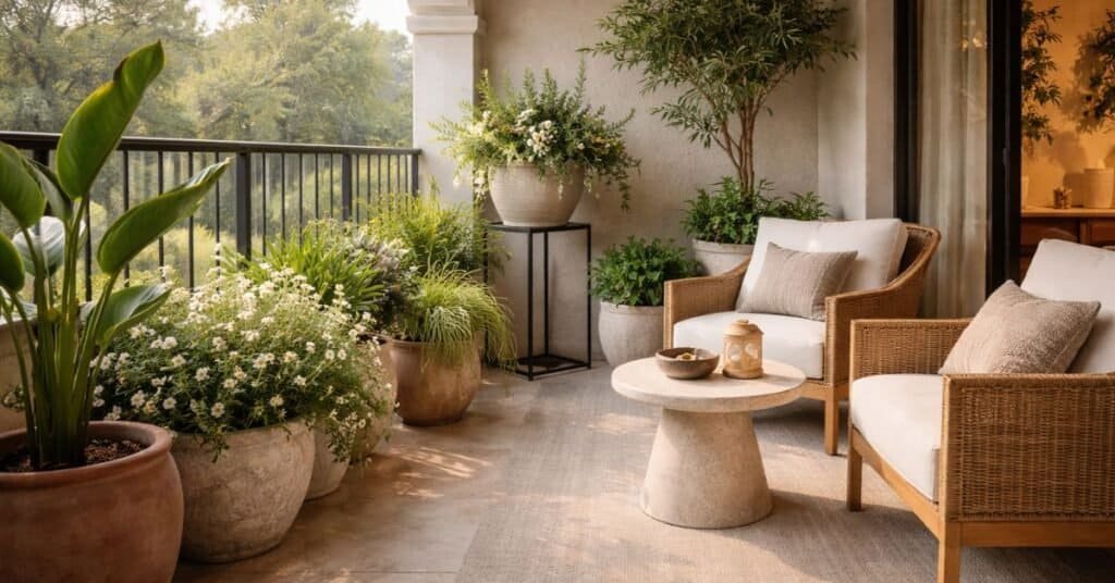 Mediterranean balcony with lush greenery