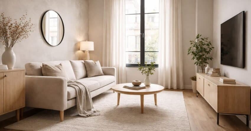 A stylish minimalist apartment living room with neutral colors and simple decor.