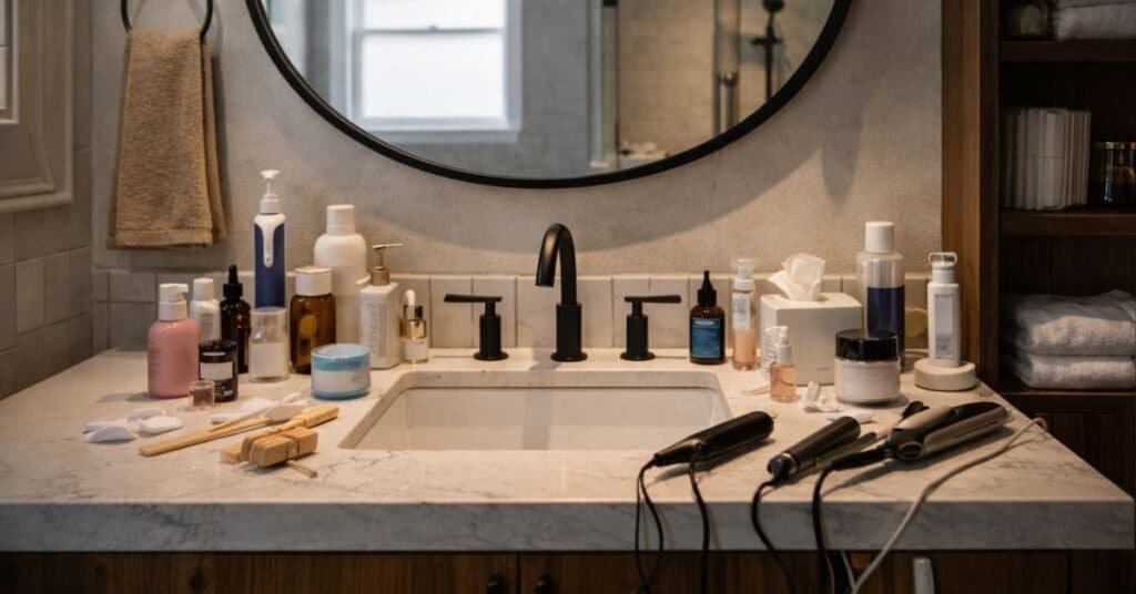 Personal care chaos on a marble countertop