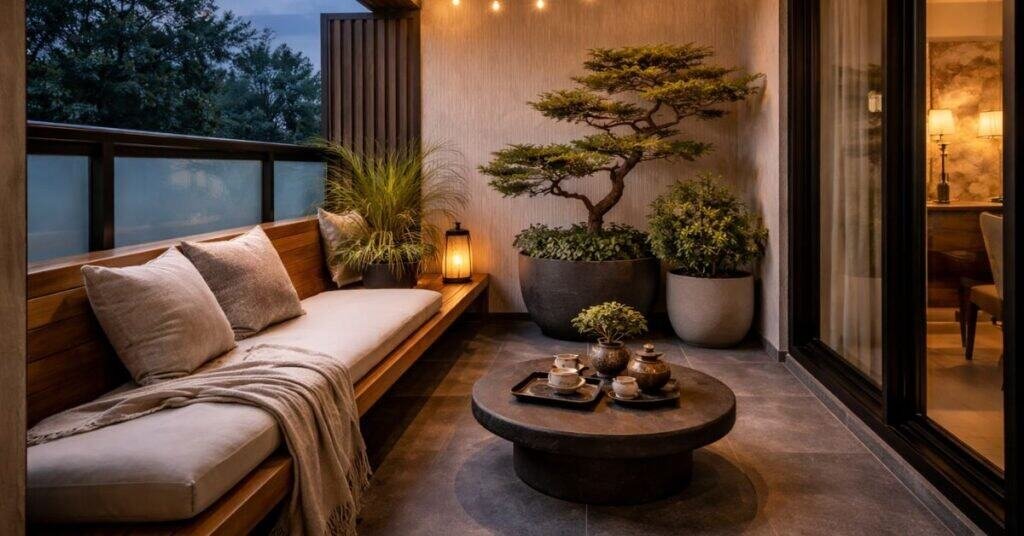 Small balcony at dusk with warm string lights and a floor lantern