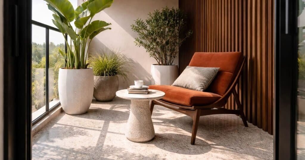 Sunny balcony with mid century lounge chair