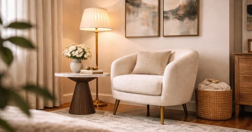cozy small living room corner decor ideas featuring a curved chair and round table