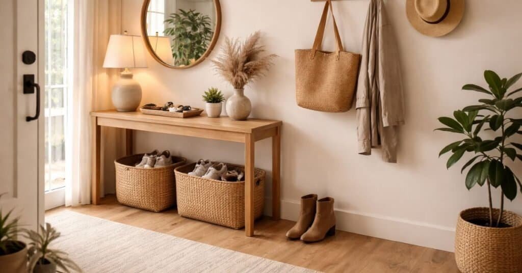 Warm minimalist entryway with storage solutions on how to decorate this room.
