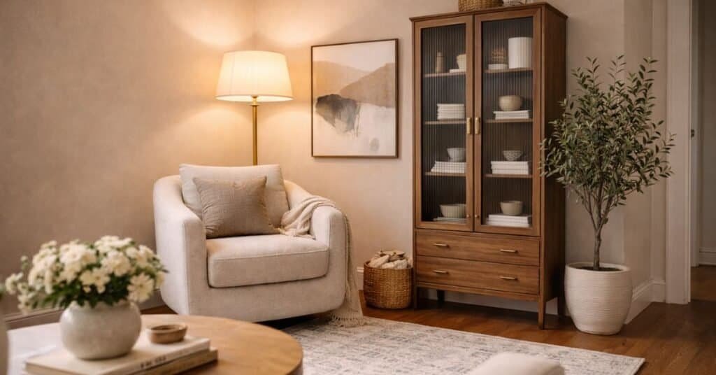 small living room corner decor ideas featuring a slim floor lamp and narrow cabinet