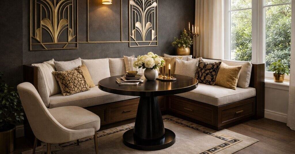 Art Deco dining nook with brass accents
