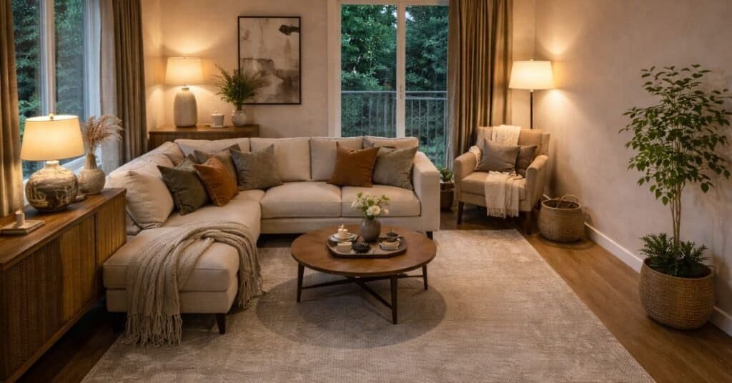 Cozy rustic living room at dusk