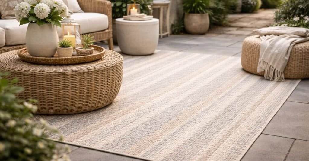 Elegant patio featuring woven rug details with 24 outdoor rug ideas to bring your whole design together.