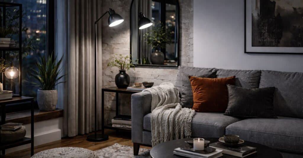 Industrial rustic living room at dusk