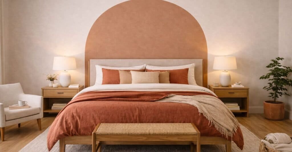 Modern neutral toned bedroom with terracotta accent