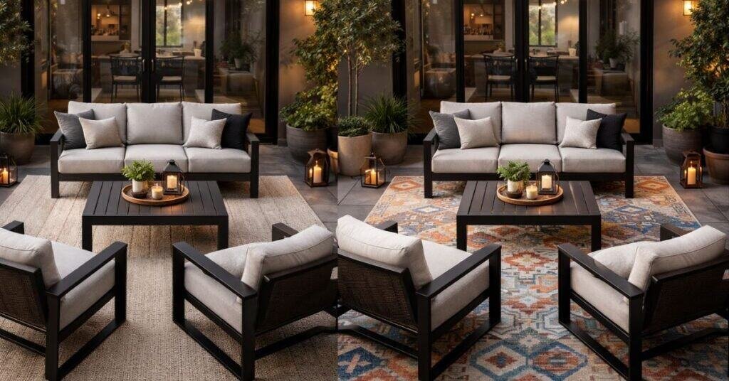 Symmetrical outdoor patio designs featuring 24 outdoor rug ideas to bring your whole design together.