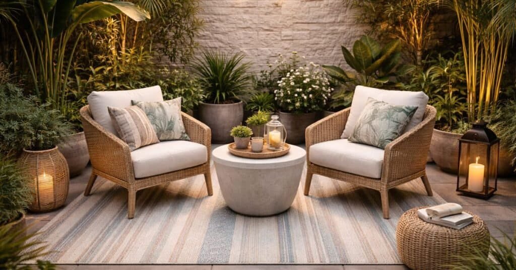Cozy patio with tropical decor and a vibrant outdoor rug: 24 outdoor rug ideas to bring your whole design together