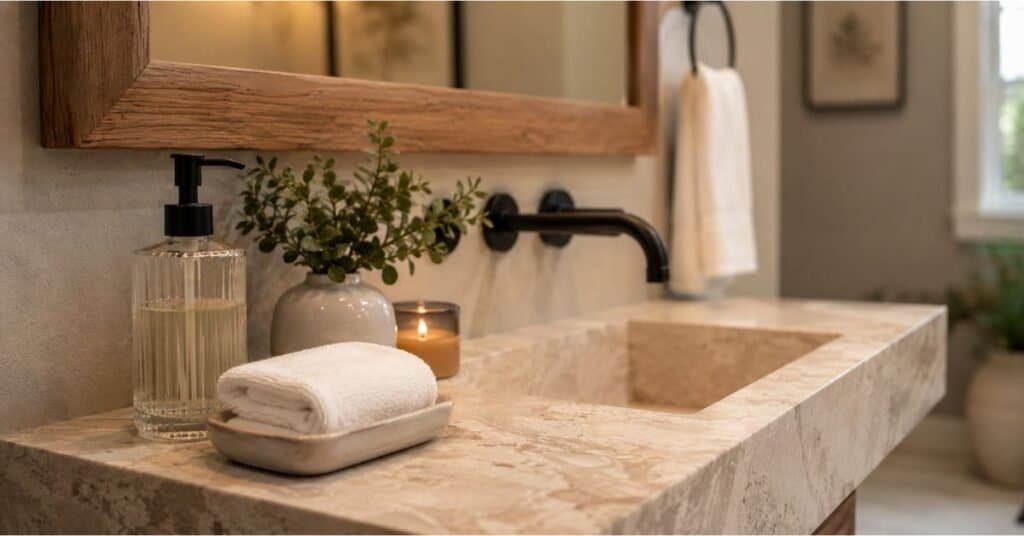 Guest half bathroom sink with soap dispenser, ceramic tray, folded hand towel, greenery, candle, and warm lighting.