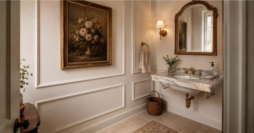 Guest half bathroom with framed wall art, picture frame molding, brass mirror, warm sconce, and compact sink.