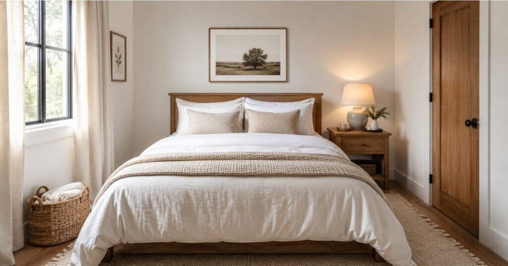 Small guest bedroom with fresh white sheets, cream bedding, warm bedside lamp, compact nightstand, and woven basket.