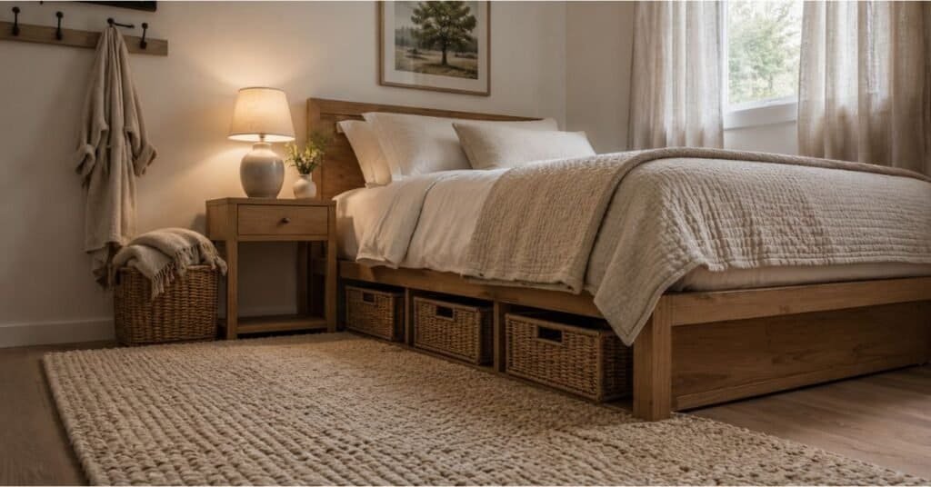 Small guest bedroom with under bed storage baskets, cream bedding, woven basket, slim nightstand, and warm rustic styling