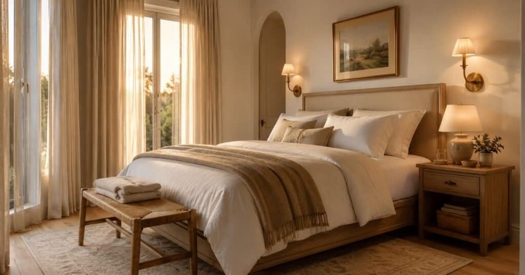 Small guest bedroom with warm wall sconce, bedside lamp, soft bedding, linen curtains, and cozy evening lighting.