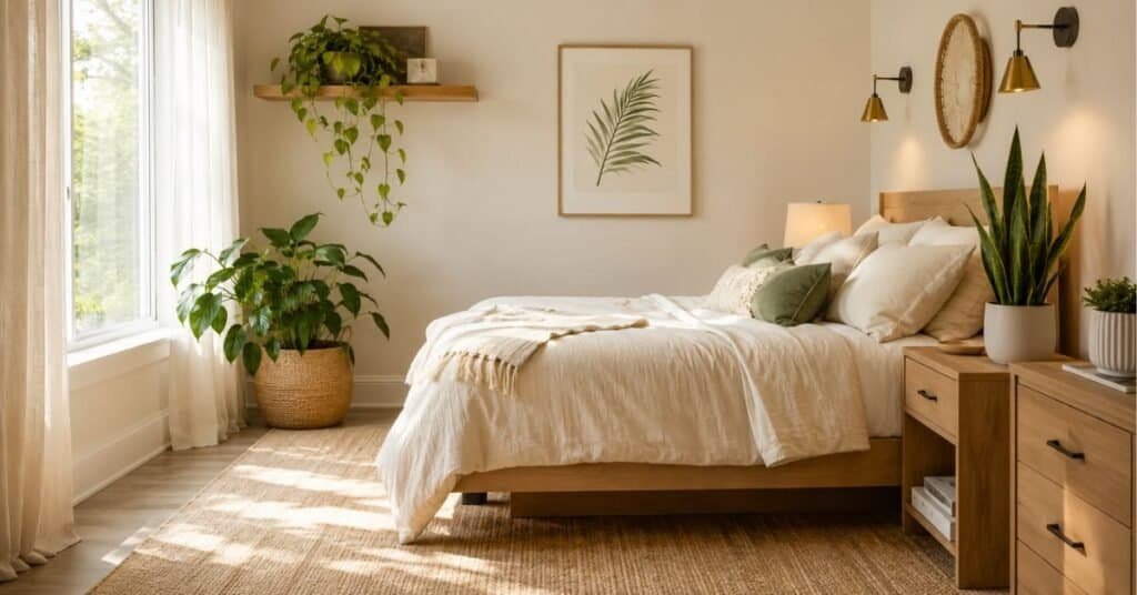 Bright bedroom with indoor plants near a window, cream bedding, soft curtains, simple planters, and clean plant styling.