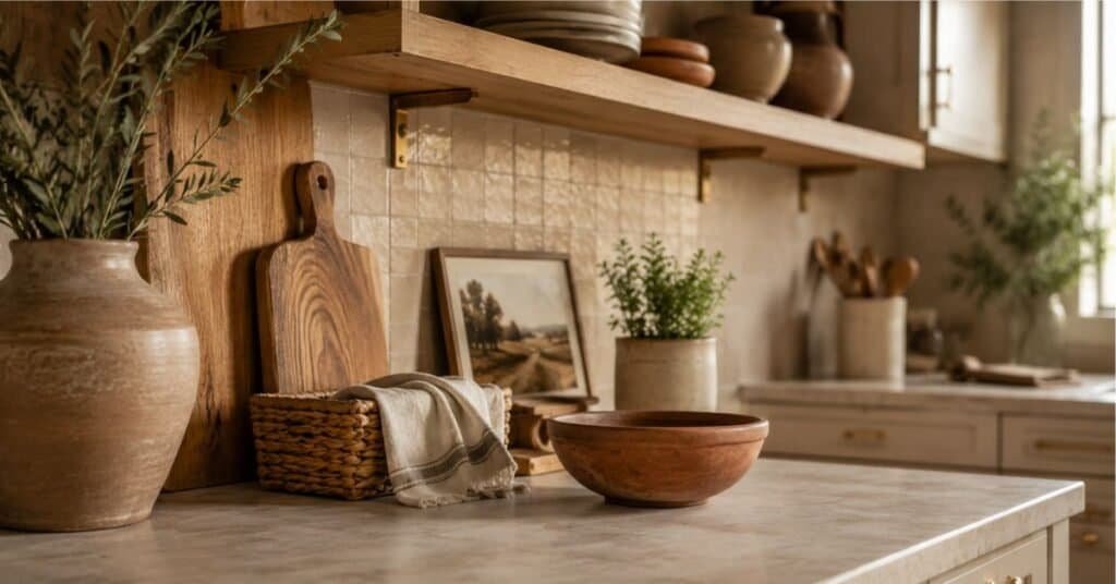 Budget earth tone kitchen with warm wood shelves, clay ceramics, woven baskets, soft lighting, and cream cabinets