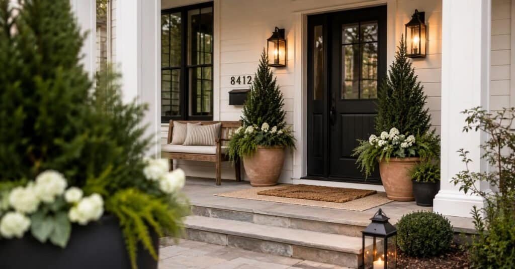 Front porch decor with oversized planters, layered doormat, warm sconces, simple bench, and clean entry styling.