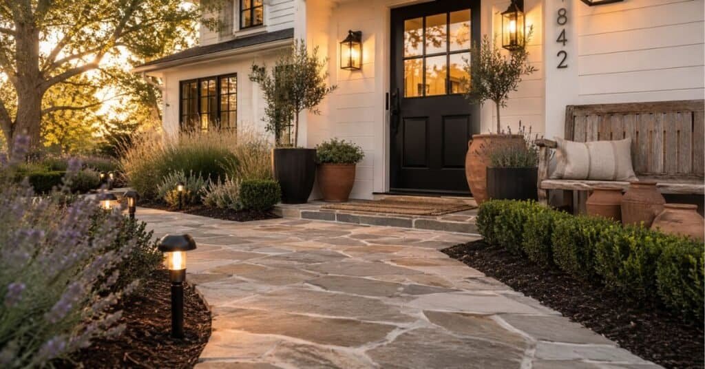 Front walkway decor with warm path lights, fresh mulch, low garden border, oversized planters, and a bold front door.