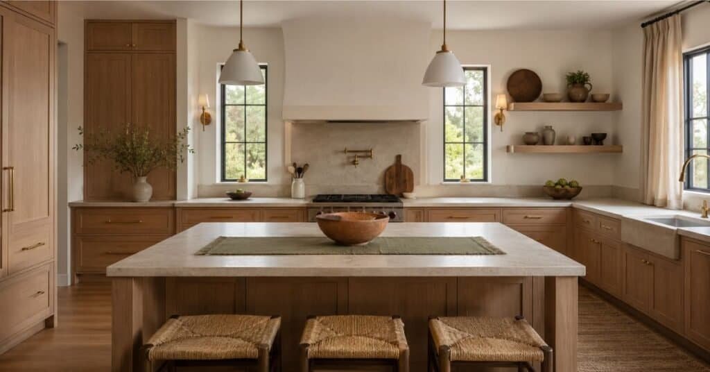 Modern earth tone kitchen with cream walls, oak cabinets, terracotta accents, stone counters, and soft natural light