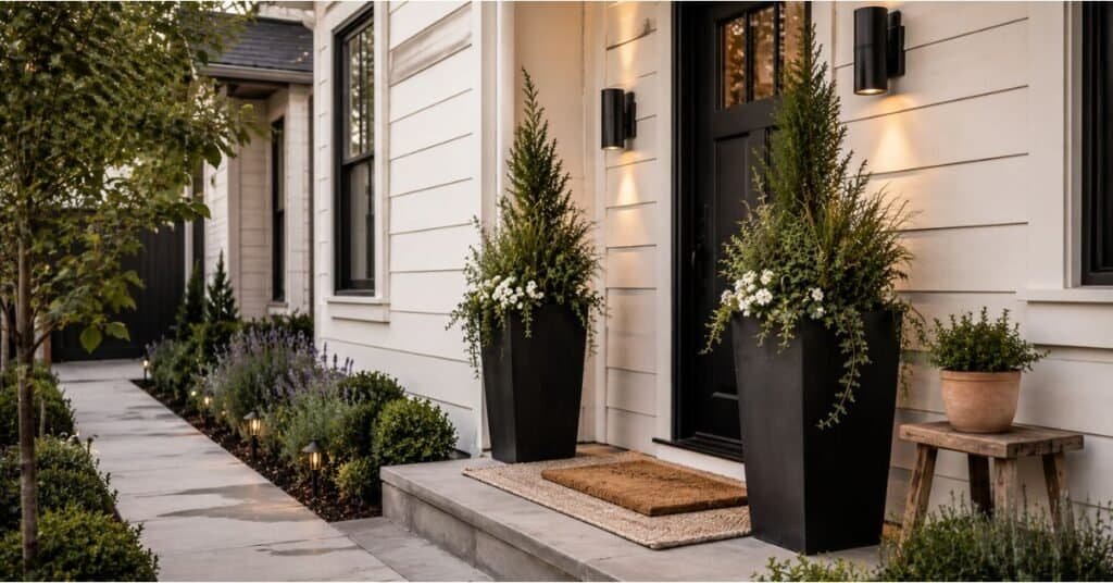 Small front yard decor with tall black planters, clear walkway, layered doormat, warm lights, and modern front entry styling.