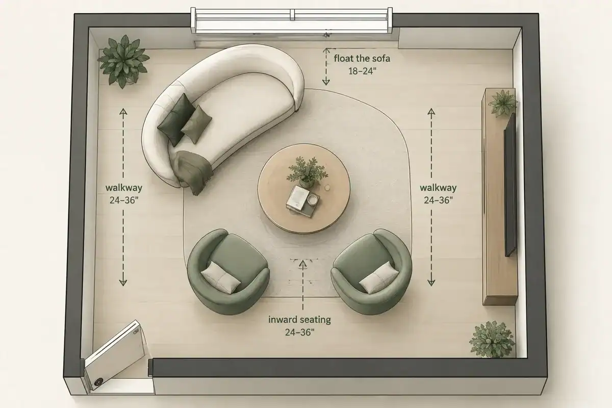 Click to regenerate this image How do you arrange curved furniture in a minimalist space?