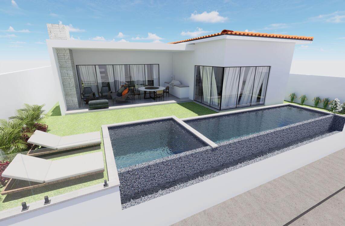 Elegant Modern Backyard At Quivira Los Cabos With A Sleek Infinity Pool, Lounge Chairs, Lush Greenery, And A Stylish Outdoor Seating Area, Showcasing Luxurious Real Estate Design.