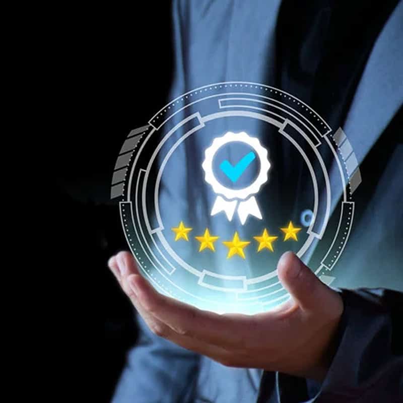 About Us 7 High-tech digital badge displaying quality assurance and 5-star ratings, symbolizing excellence in automation solutions and certified quality standards for optimized business performance.