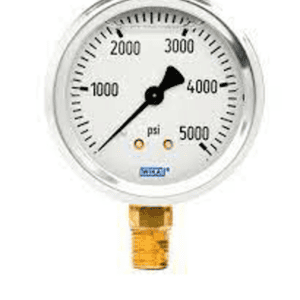 Gauge pressure sensor with a dial displaying measurements in PSI, used in industrial automation.