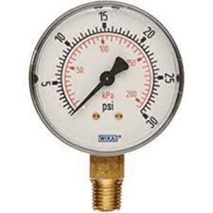 High-pressure gauge for industrial applications, measuring PSI and kPa with clear dial and metallic connection for accurate pressure monitoring.