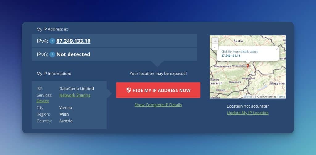 whatismyipaddress.com zeigt mir meine derzeitige externe IP Adresse und den jeweiligen Standort an