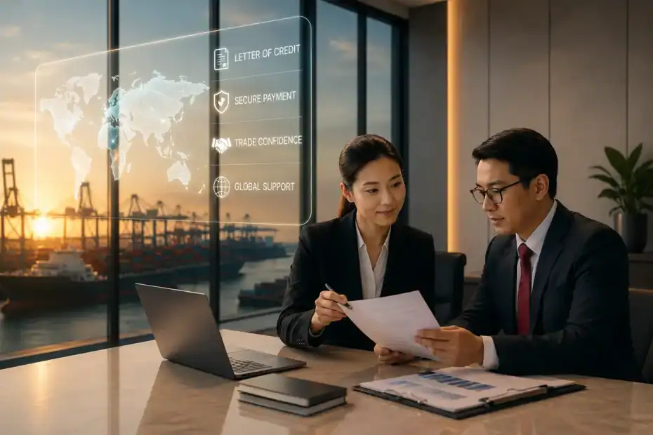 Business professionals discussing a Letter of Credit for secure international trade.