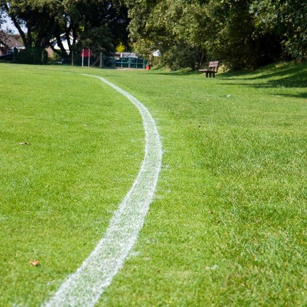 Football field with a white sideline marking on green grass, surrounded by trees and park benches.