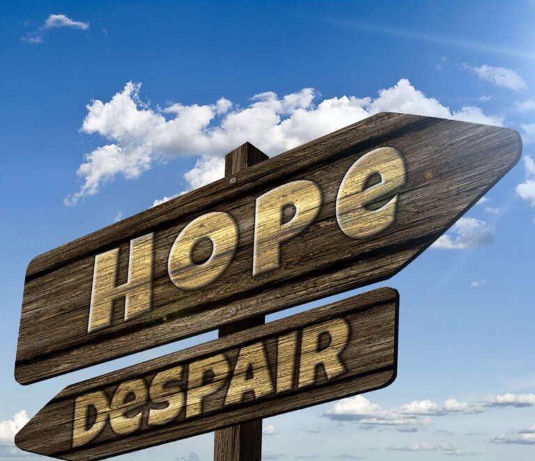 Hope and despair directional signs on wooden posts against a blue sky with clouds.