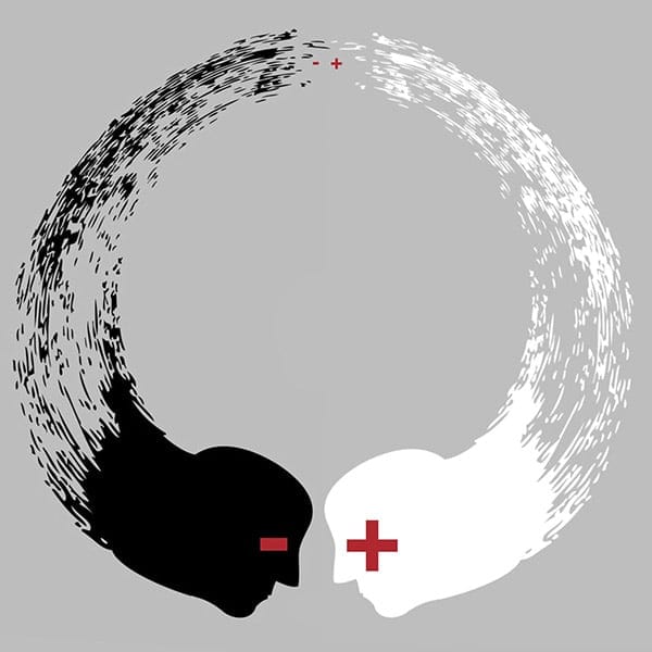 Abstract black and white circular logo with human profiles and medical cross symbols.