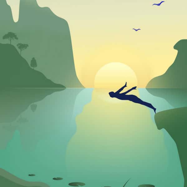 Serene landscape with a person diving into a calm river at sunset, surrounded by cliffs and trees.