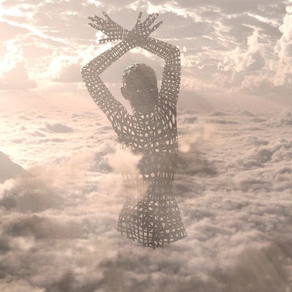Surreal cloudscape with a silhouette of a woman in a geometric dress and raised arms.