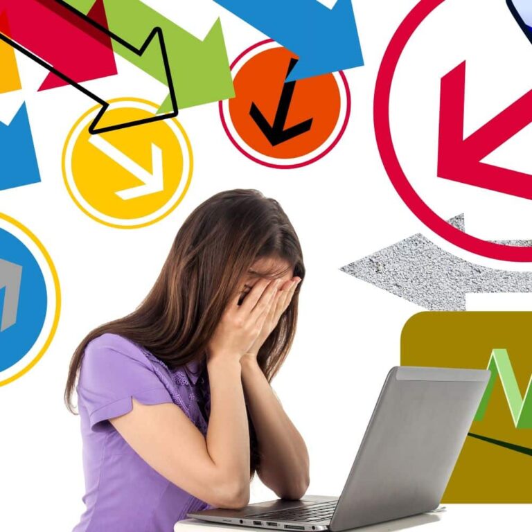 Overwhelmed woman with laptop and stress arrows