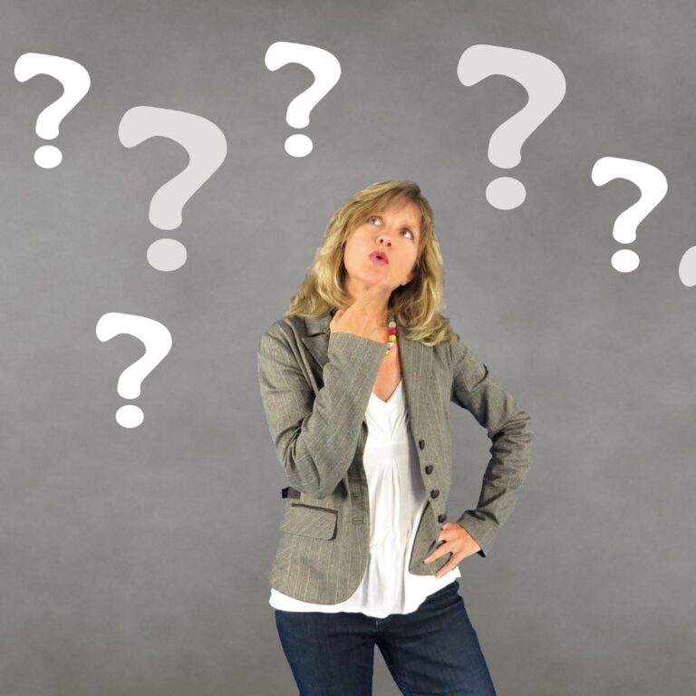 What would I really like for me? Woman contemplating choices with question marks around her.