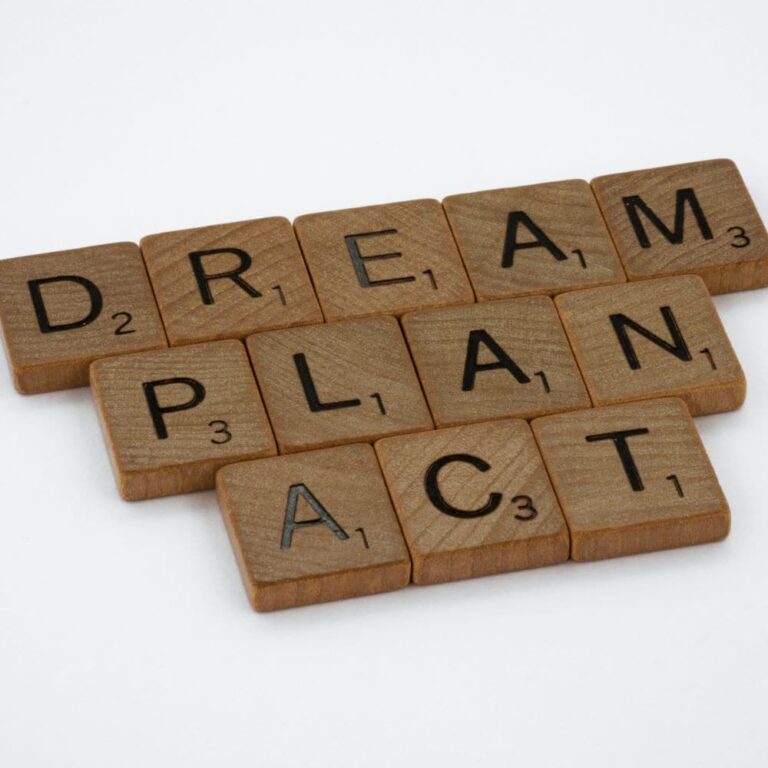 Dream, Plan, Act Words on Scrabble Tiles for Goal Setting and Motivation.
