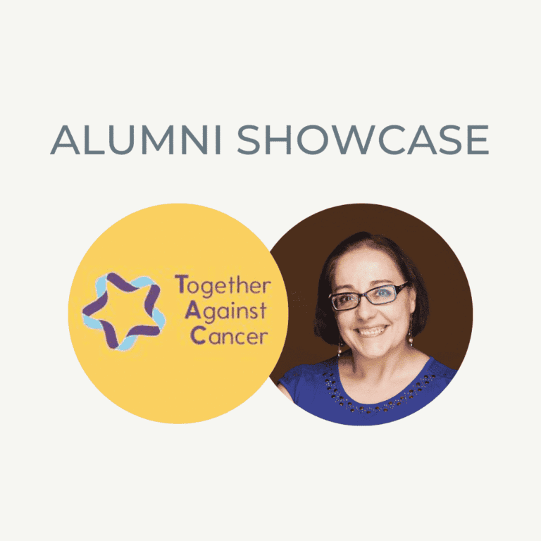 Alumni showcase featuring a smiling woman with glasses and the "Together Against Cancer" logo.