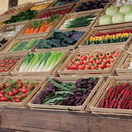 Fresh organic vegetables including tomatoes, carrots, lettuce, and radishes arranged in wooden crate.
