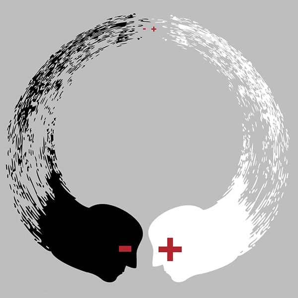 Modern logo featuring interconnected black and white human profiles with medical cross symbols.